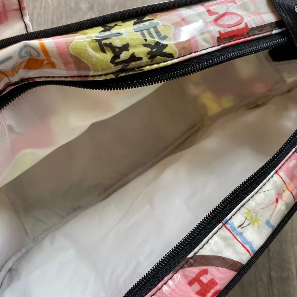 Nick & Nora Travel Stamp Print Cosmetic Bag Vinyl World Tour Multicolor Ribbon